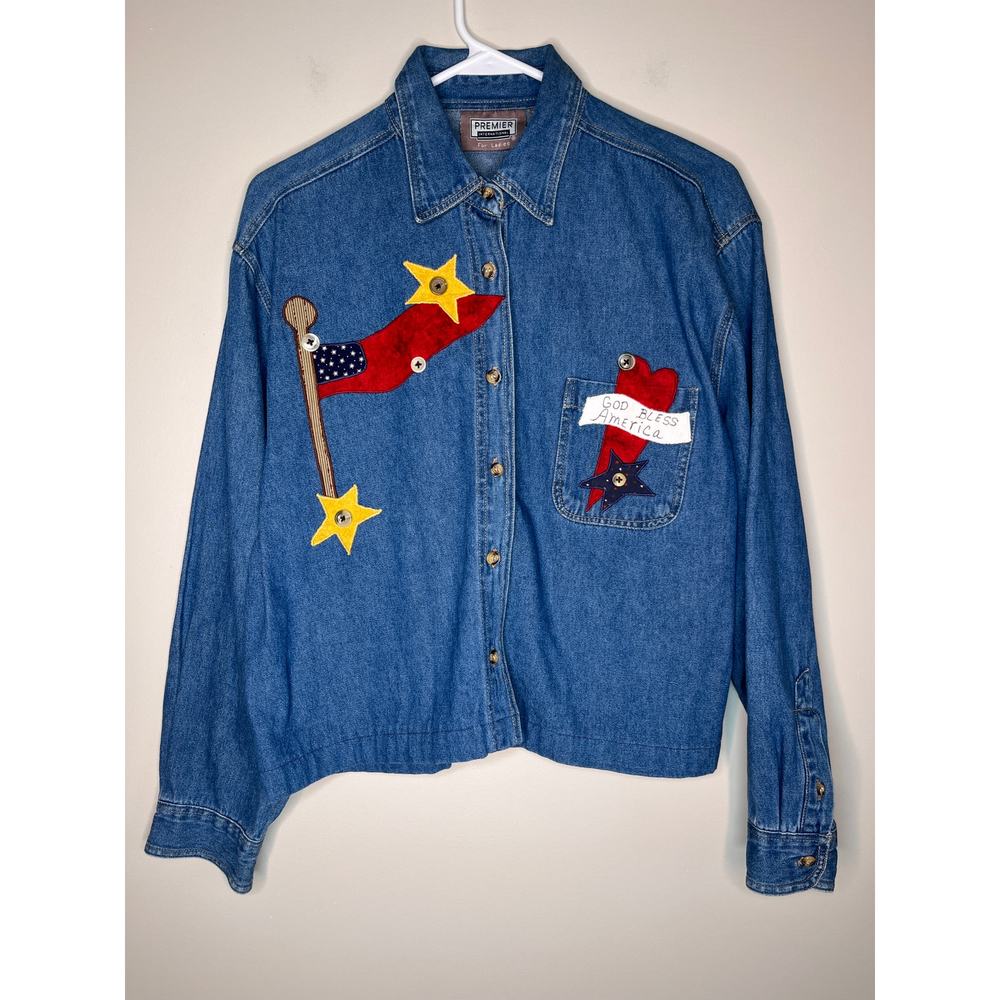 1990s Americana Patriotic Homestead Country Shabby Chic Hearts Denim Shirt L